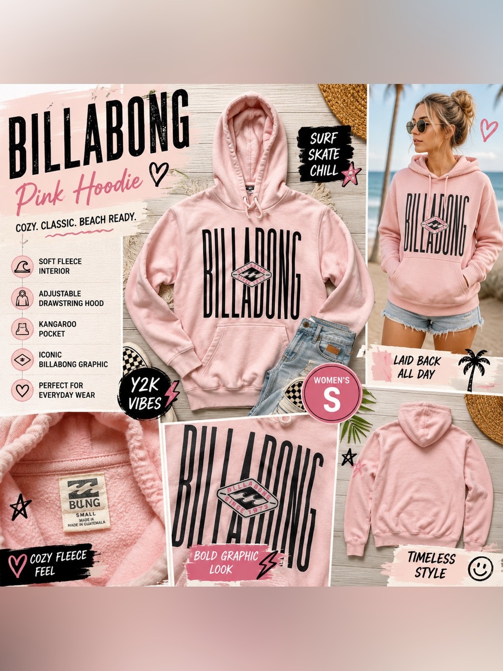 Billabong Pink Hoodie Sweatshirt Women’s Size XSmall Surf Skater Y2K Graphic
